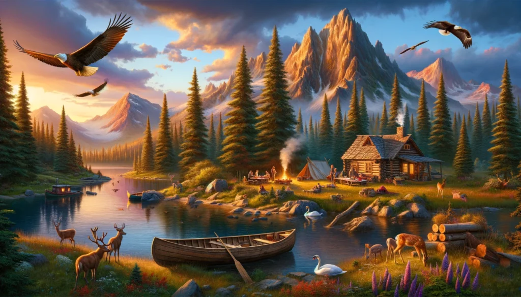 This scene features a cozy wooden cabin nestled among tall pine trees by a reflective mountain lake, with a group of deer interacting with picnickers in colourful attire.