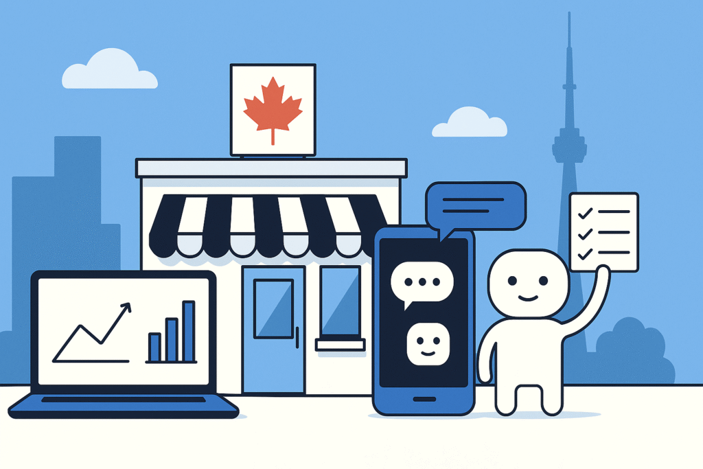 Flat-style digital illustration of a small Canadian business using AI tools. A storefront with a maple leaf sign is flanked by a laptop showing analytics, a smartphone with a chatbot, and a cheerful digital assistant holding a task list. The CN Tower is visible in the background, all set in a clean blue and white color palette.