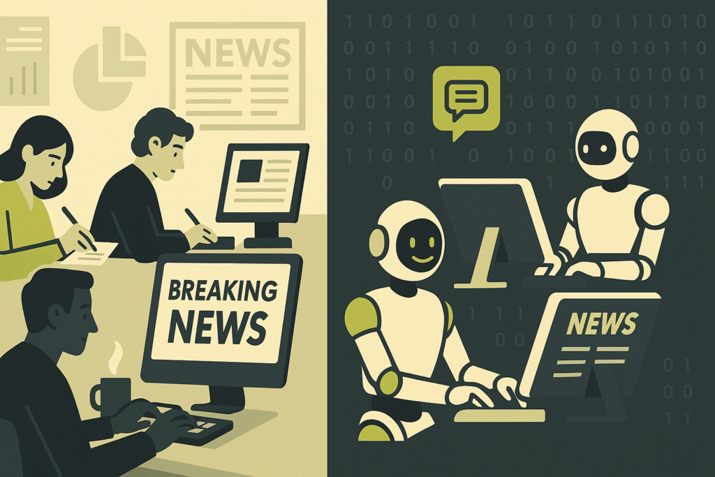 Flat vector illustration of a split newsroom showing human journalists on one side using traditional tools to write and fact-check, and AI robots on the other side generating news at sleek terminals. Includes elements like coffee mugs, charts, headlines, and a 'BREAKING NEWS' screen with binary code in the background. Color palette: graphite, charcoal, black, off-white, and chartreuse.