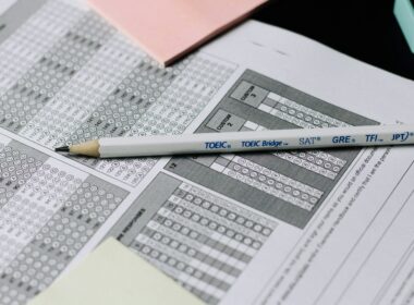 Printed spreadsheets with columns of figures and a pencil lying across them