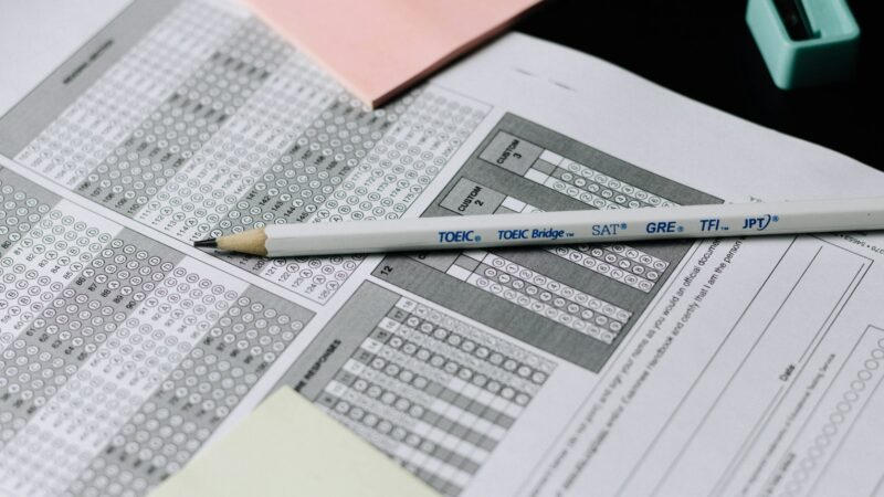 Printed spreadsheets with columns of figures and a pencil lying across them