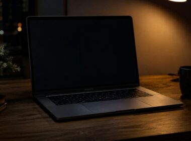 Laptop and desk lamp lit in a dark office at night
