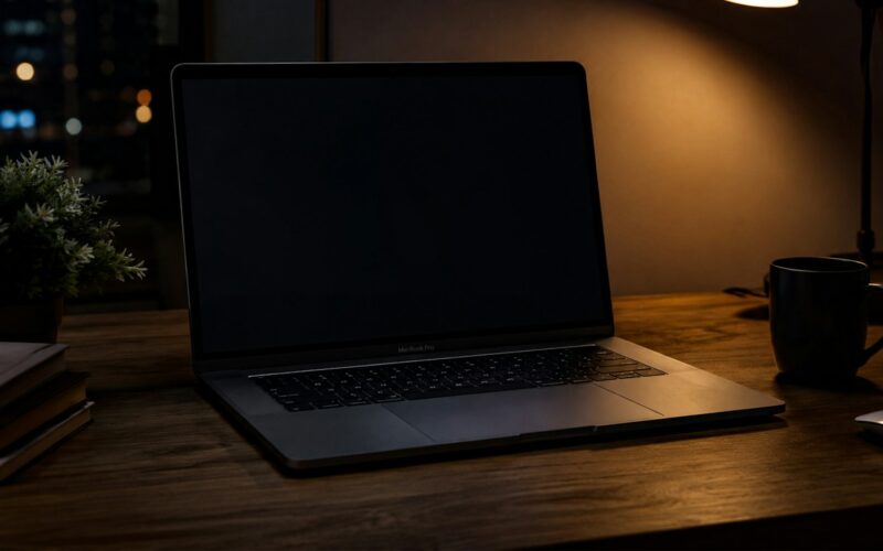 Laptop and desk lamp lit in a dark office at night