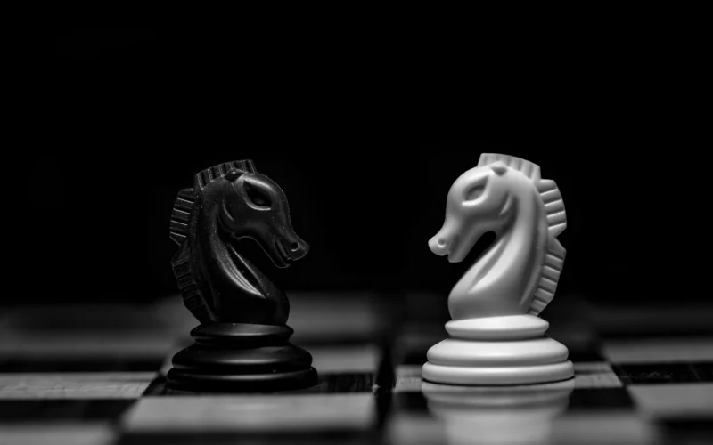 A black and a white chess knight facing each other on a board