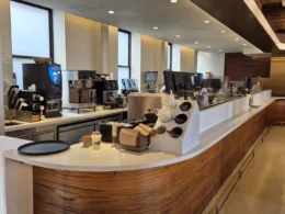 A coffee shop interior with a modern design
