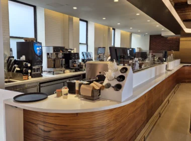 A coffee shop interior with a modern design