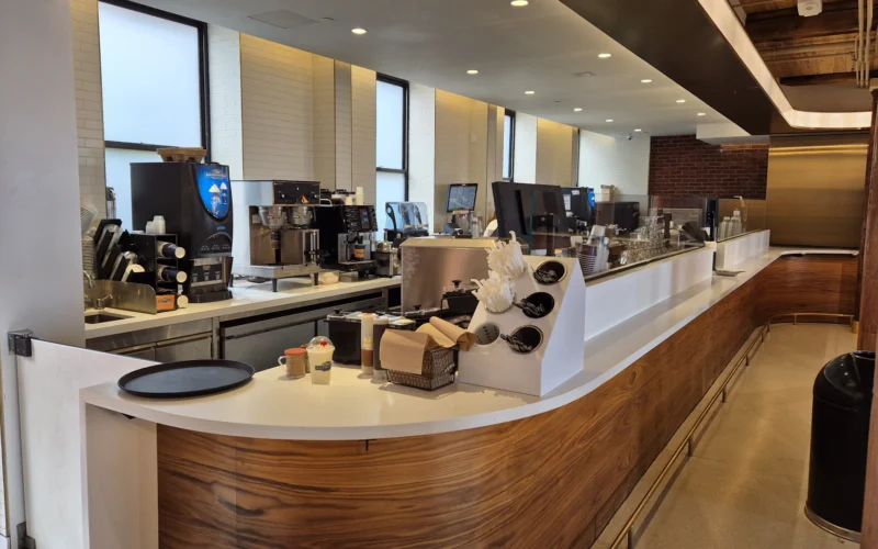 A coffee shop interior with a modern design