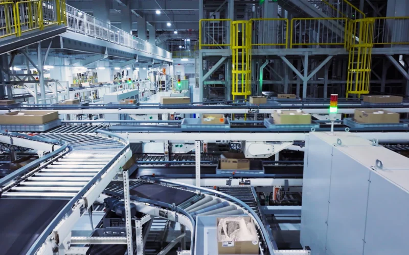 A factory filled with lots of machines and boxes