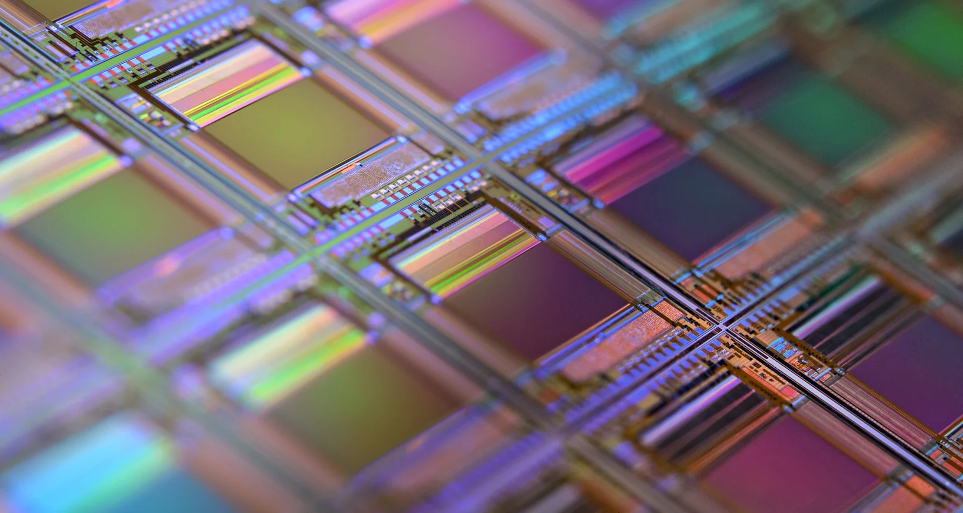 A silicon wafer with a grid of iridescent microchip dies under shallow
