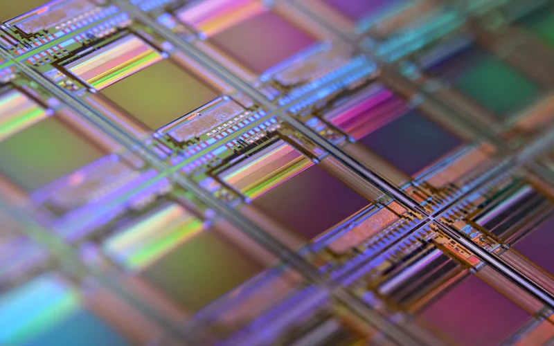 A silicon wafer with a grid of iridescent microchip dies under shallow