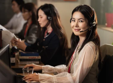 A smiling woman wearing a headset at a computer