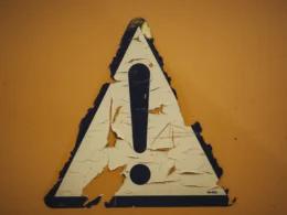 A triangle shaped sign on a yellow wall