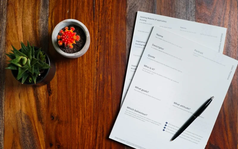 A wooden table topped with papers and a pen