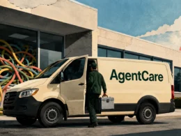 A technician carries a toolbox to an AgentCare van parked outside an office, with tangled coloured cables filling the window
