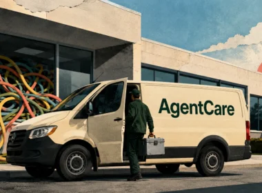 A technician carries a toolbox to an AgentCare van parked outside an office, with tangled coloured cables filling the window