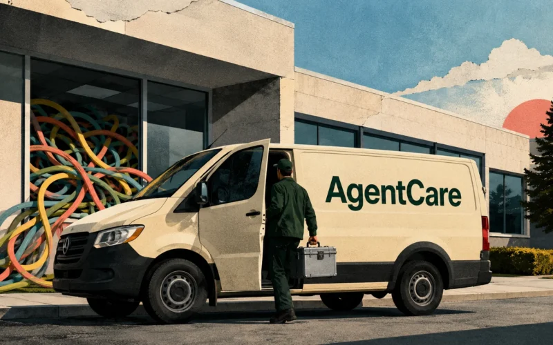 A technician carries a toolbox to an AgentCare van parked outside an office, with tangled coloured cables filling the window