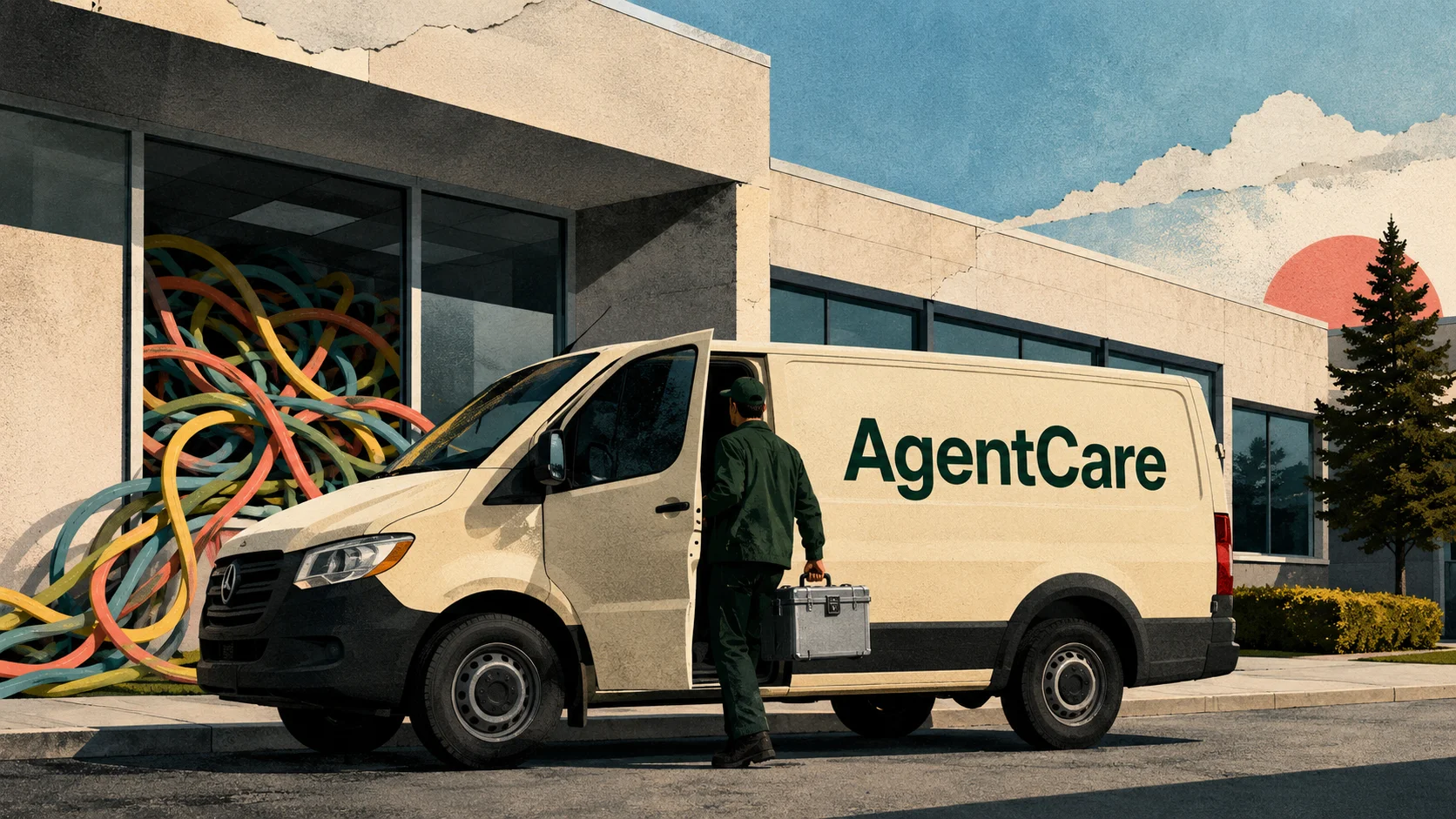 A technician carries a toolbox to an AgentCare van parked outside an office, with tangled coloured cables filling the window