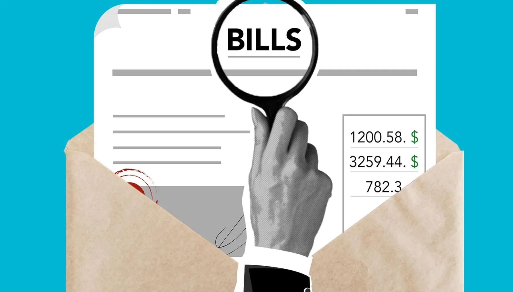 Paper cutout of a hand holding a magnifying glass over bills in an envelope.