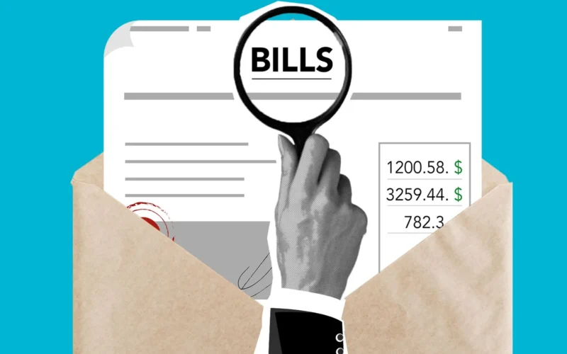 Paper cutout of a hand holding a magnifying glass over bills in an envelope.