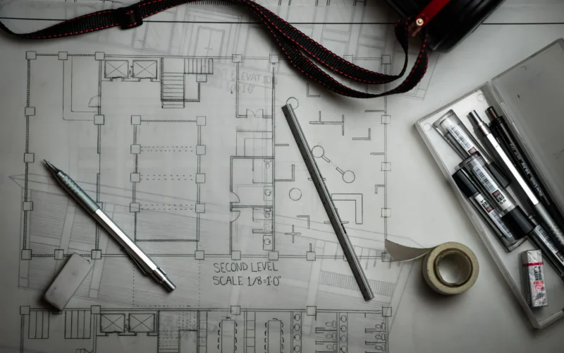 Architectural blueprints with drafting pencils, a metal ruler, and a s