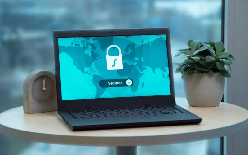 Laptop on a round table showing a padlock and the word secured on screen.