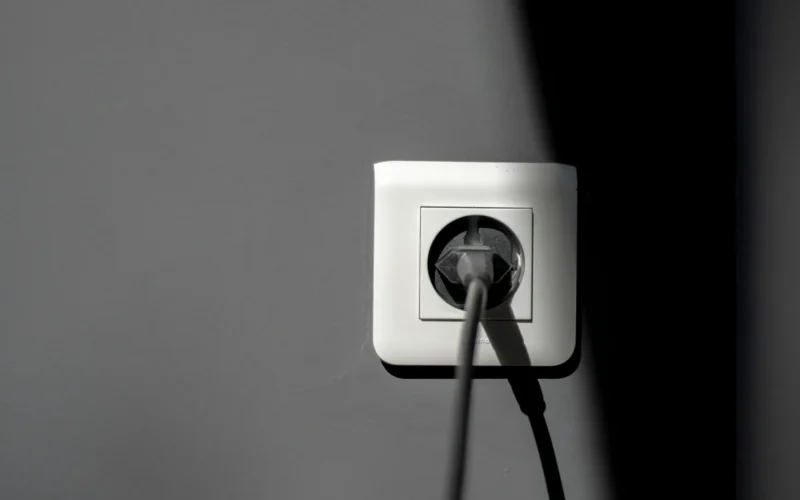 A black electric plug beside a white wall socket