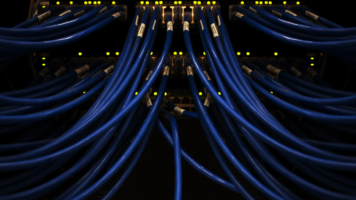 Blue network cables fanning out from a server rack in a dark room
