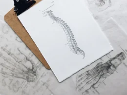 Brown and black clipboard with white spinal cord print manual