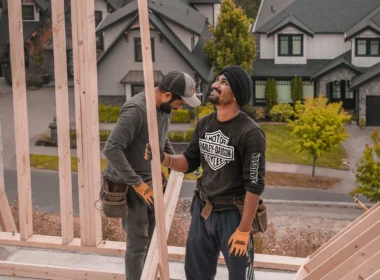 Two builders framing a wood house in a residential neighbourhood in the Vancouver area, BC