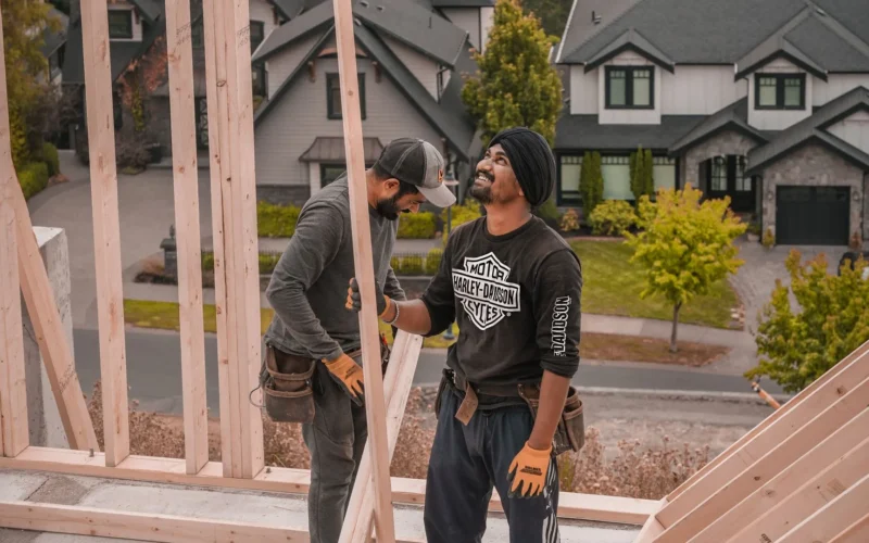 Two builders framing a wood house in a residential neighbourhood in the Vancouver area, BC