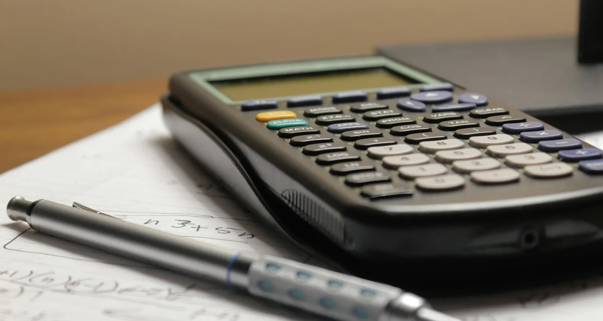 Calculator and pen resting on a sheet of paper