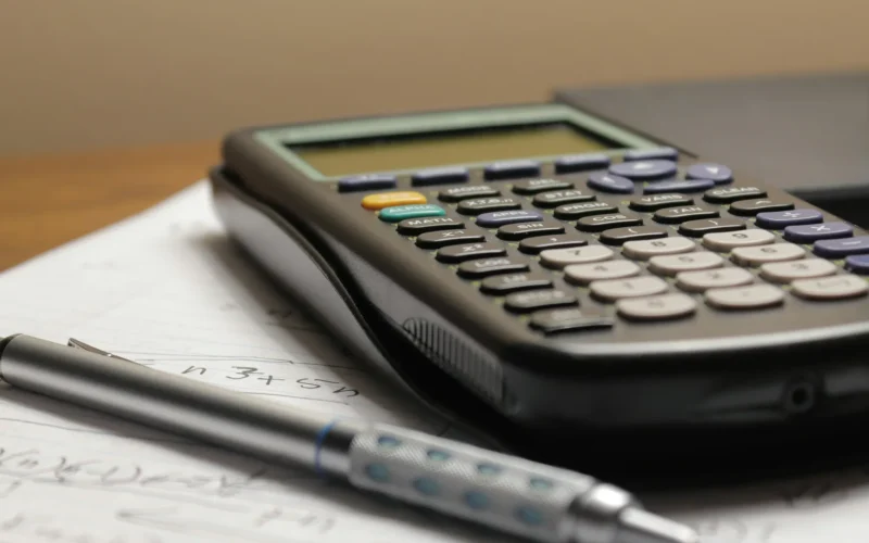 A calculator and a pen resting on a sheet of paper