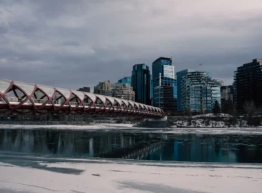 Peace Bridge and downtown Calgary skyline in winter, the city weighing a data centre moratorium