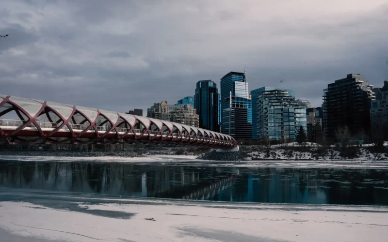 Peace Bridge and downtown Calgary skyline in winter, the city weighing a data centre moratorium