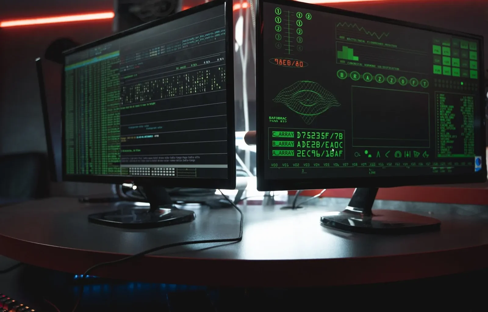 Two monitors showing green code in a dark room, where secret scanning checks every commit