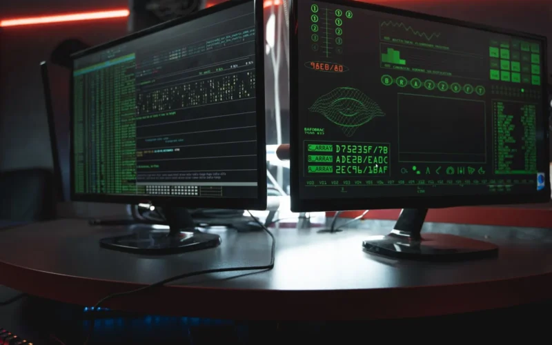 Two monitors showing green code in a dark room, where secret scanning checks every commit