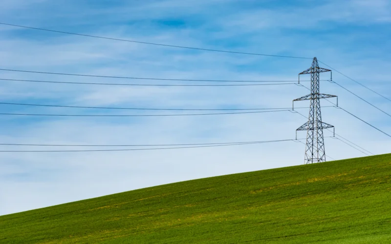 Electrical tower on grass field