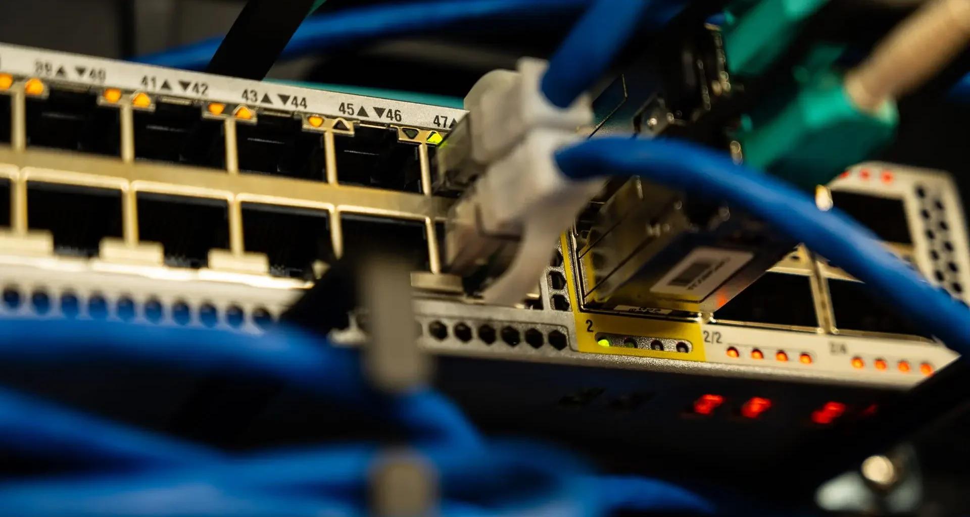 Blue Ethernet cables plugged into the ports of a network switch with small status lights