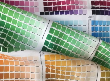 Rows of colour swatches printed on rippled fabric, a stand-in for the product data enrichment a catalogue needs
