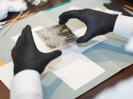 Gloved hands holding an old glass photo negative during restoration, the kind of family archive FOLKLY.ai sets out to preserve