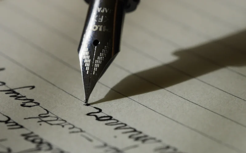 Fountain pen on black lined paper