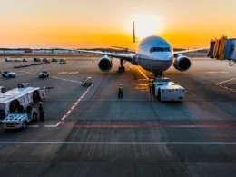 Gray airplane on parking