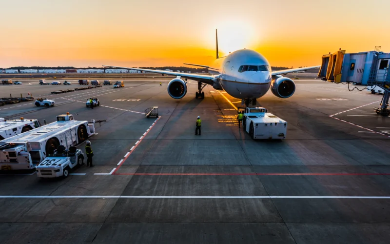 Gray airplane on parking
