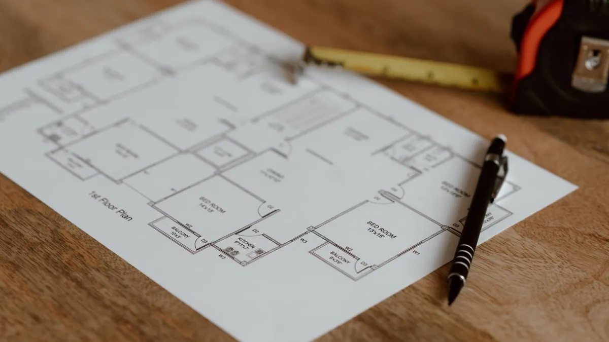 A printed house floor plan on a wooden desk with a pen and a tape measure, the kind of drawing set sent to an AI building permit review
