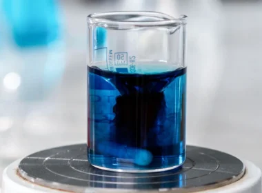 Close-up of a laboratory beaker of blue liquid, standing in for AI in health research studies
