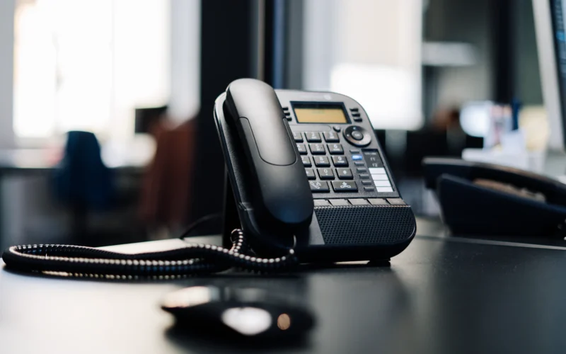 Black office desk phone with a coiled cord on a dark desk in an open-plan office