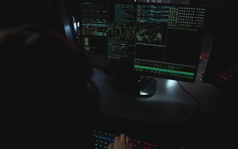 Person in a dark room at a desk with monitors full of scrolling code.