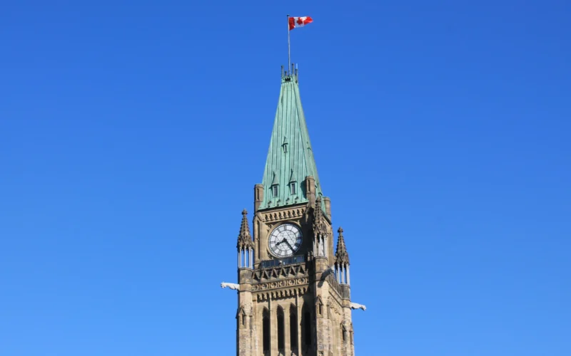 Peace Tower on Parliament Hill in Ottawa seen from below