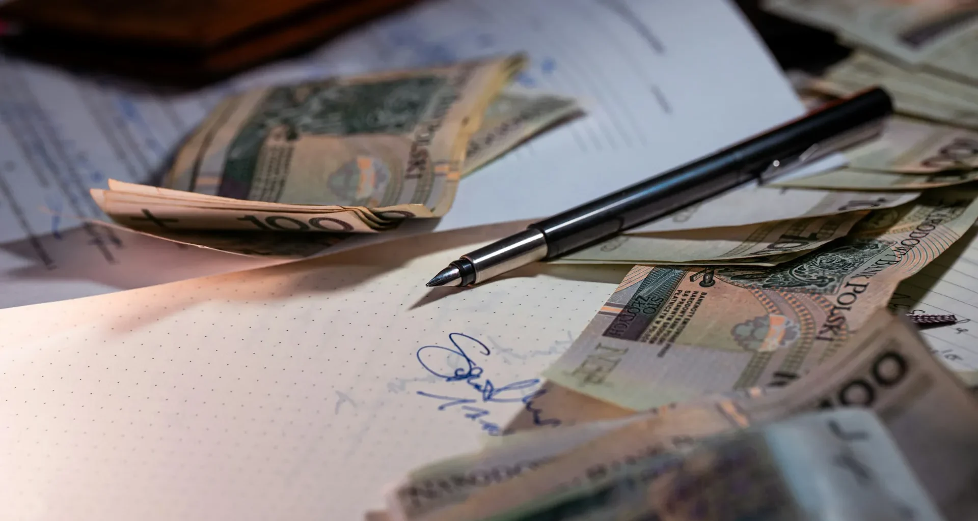 A pen and scattered banknotes resting on printed financial documents