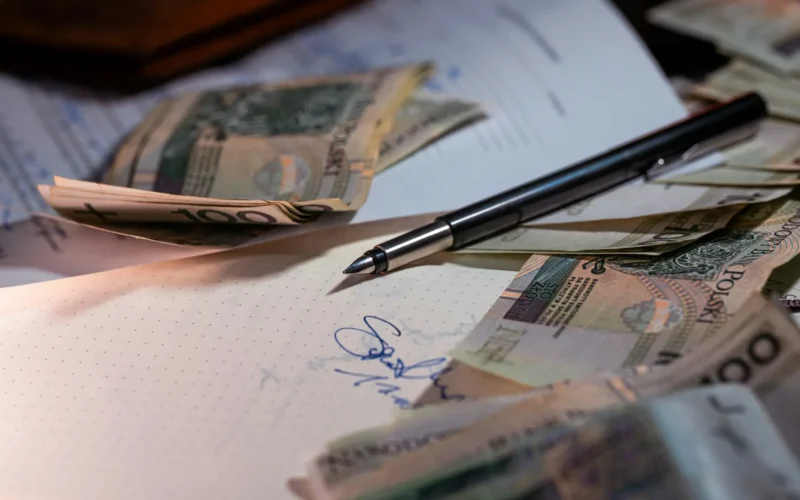 A pen and scattered banknotes resting on printed financial documents